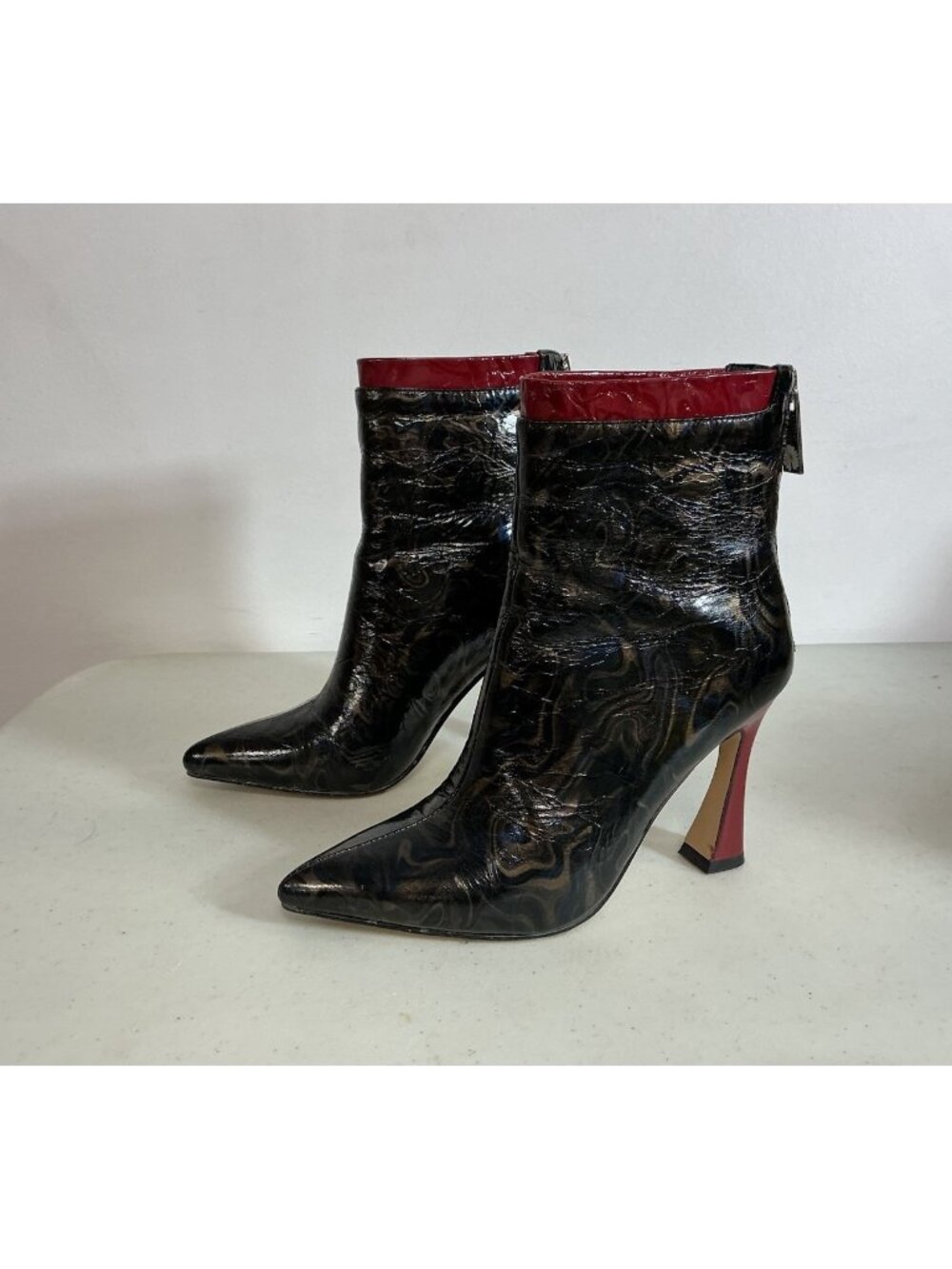 Pointed Toe Black Patented Leather Heeled Ankle Boots Womens 6